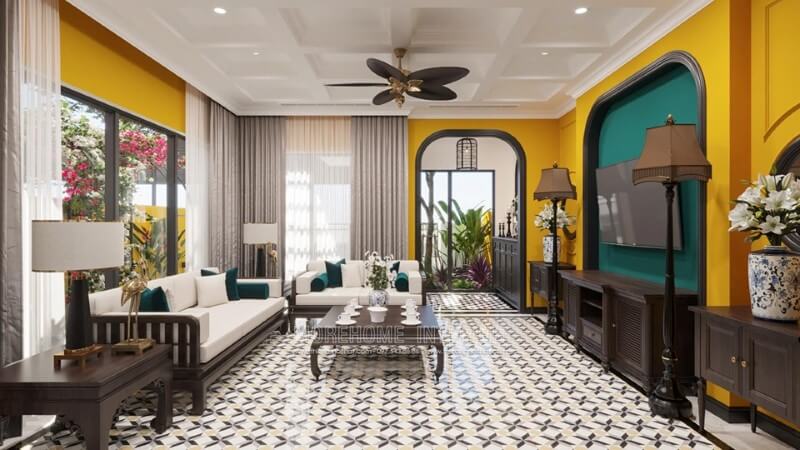 Trang trí nội thất phòng khách biệt thự đẹp với màu sắc á đông truyền thống Top các mẫu thiết kế phòng khách ưa chuộng nhất hiện nay