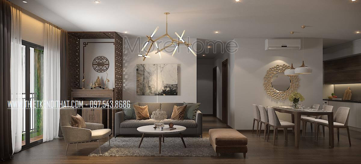 Thiết kế nội thất phòng khách hiện đại nhờ vào sự kết hợp của mẫu sofa văng bằng nỉ, đôn sofa, bàn trà hiện đại Top các mẫu thiết kế phòng khách ưa chuộng nhất hiện nay