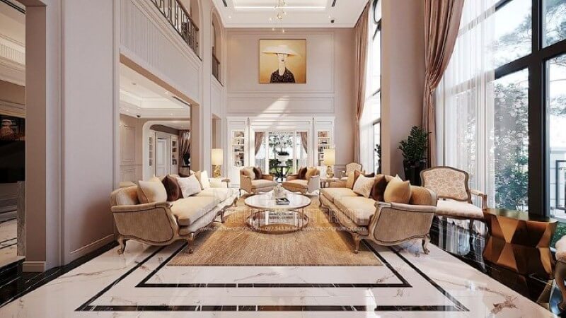 Sắp xếp nội thất phòng khách thông tầng biệt thự tân cổ điển cao cấp tại Vinhomes Imperia Hải Phòng. Top các mẫu thiết kế phòng khách ưa chuộng nhất hiện nay