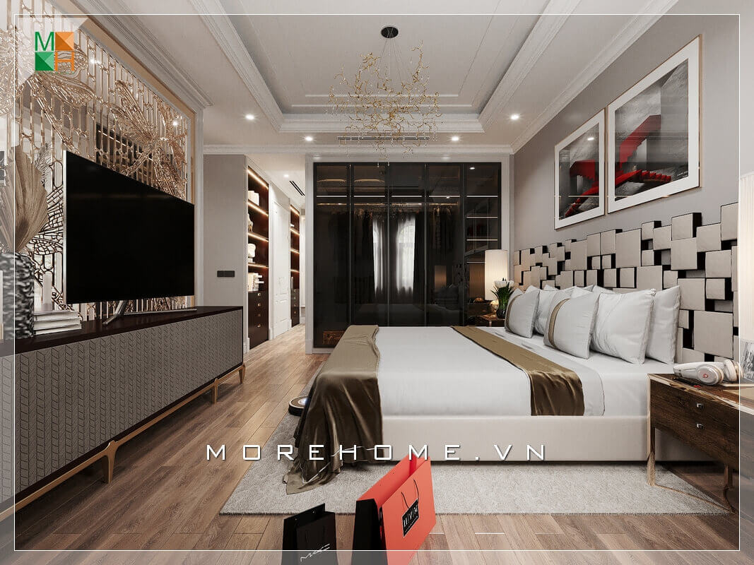 Tủ quần áo thiết kế âm tường cánh kính màu đen đẹp mắt và sang trọng. Mẫu nội thất biệt thự đẹp