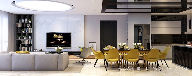Thiết kế nội thất chung cư tiện nghi sử dụng chất liệu nhẹ, kiến trúc sư cũng khéo léo tạo độ thoáng và mở hơn cho căn phòng, tránh các cấu trúc built-in phức tạp, chắn tầm nhìn và tăng độ bí cho căn nhà. Mẫu nội thất chung cư hiện đại đẹp