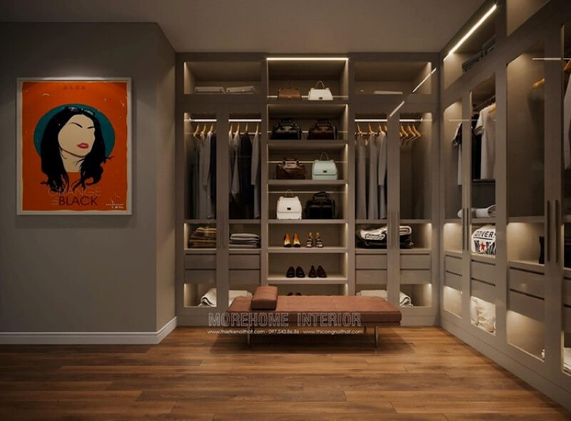 Tủ quần áo hiện đại đẹp, sang trọng với thiết kế mở từ hệ thống cửa kính trong suốt sẽ lựa chọn thông minh cho phòng thay đồ. Thiết kế nội thất chung cư