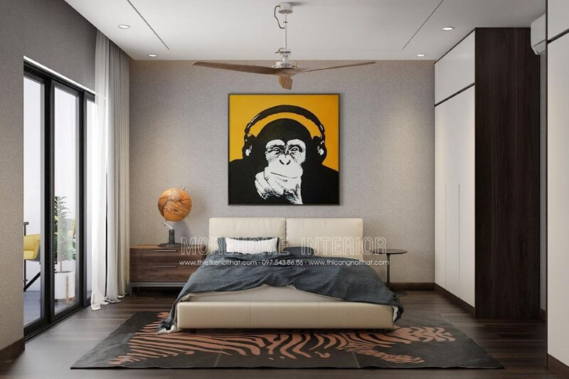 Tranh treo tường ngộ nghĩnh tạo điểm nhấn ấn tượng cho phòng ngủ hiện đại. Thiết kế nội thất chung cư