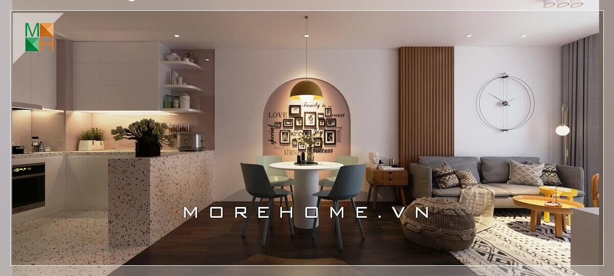 Gam màu hài hòa giữa căn nhà tạo cho không gian ngôi nhà chung cư một cảm giác thông thoáng và thoải mái nhất. Mỗi một phòng được sắp xếp nội thất riêng biệt nhưng vẫn tạo nên thể thông nhất cho căn nhà được liền mạch và tiện nghi. Thiết kế nội thất chung cư