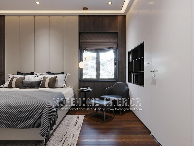 Cửa sổ cùng rèm chắn được thiết kế ngay đầu giường giúp không gian ngủ luôn được thông thoáng những vẫn giữ được sự kín đáo cần thiết. Thiết kế phòng ngủ biệt thự