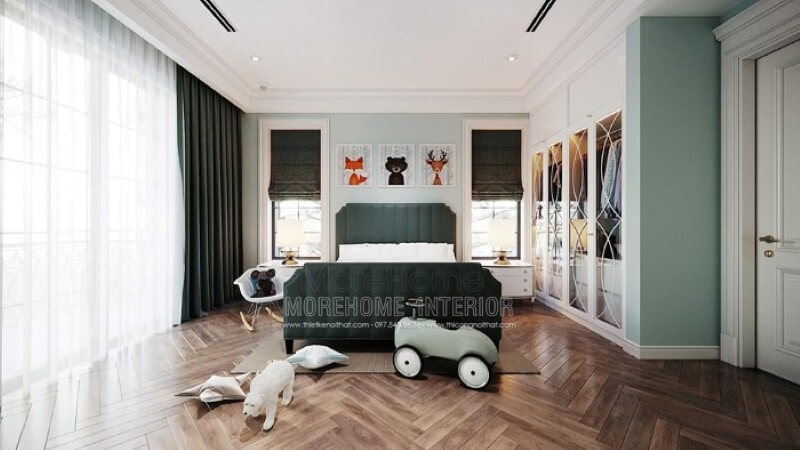 Giường ngủ cho con trai đẹp với thiết kế bọc nệm độc đáo cùng sắc xanh ấn tượng tạo điểm nhấn nổi bật cho toàn bộ không gian. Thiết kế phòng ngủ biệt thự