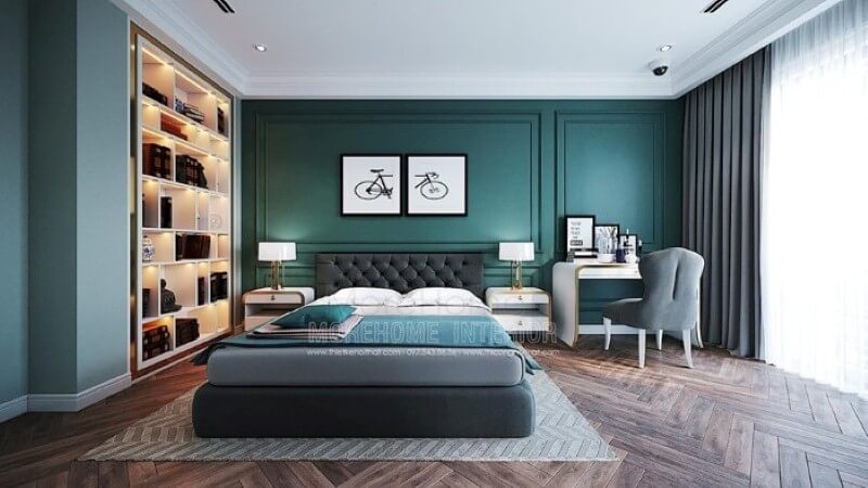 Bộ 2 tranh trang trang tường hình xe đẹp đẹp tạo điểm nhấn sinh động cho phòng ngủ sắc xanh nổi bật. Thiết kế phòng ngủ biệt thự