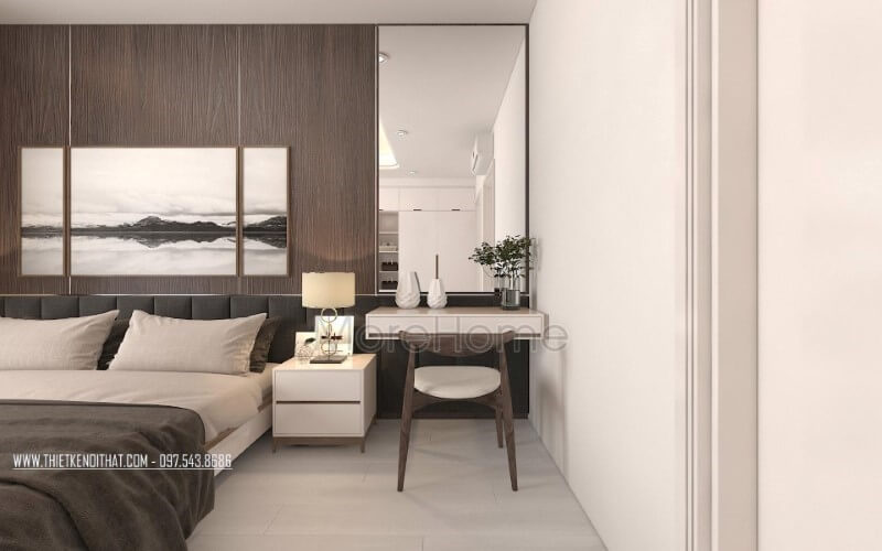 Bố trí phòng ngủ hiện đại, đẹp với gương trang trí, tranh treo tường canvas, đèn bàn cao cấp. Thiết kế phòng ngủ biệt thự