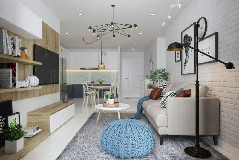 Thiết kế nội thất phòng khách chung cư nhấn mạnh đến các chi tiết nhỏ, từ đó gợi một cảm giác hoang dã, tự nhiên, mộc mạc mà vô cùng gần gũi Thiết kế phòng khách chung cư hiện đại