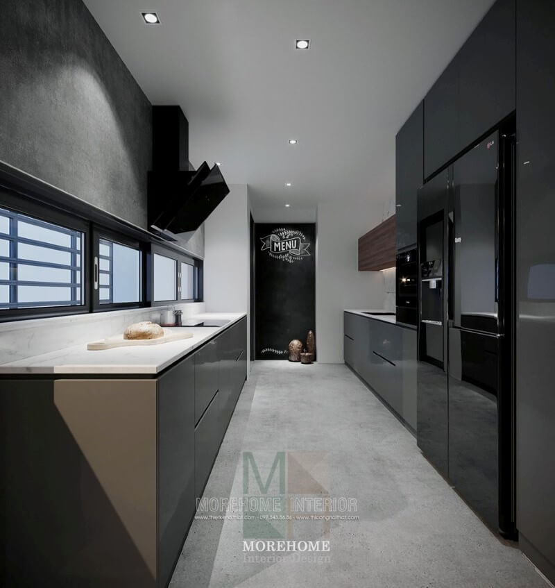 Mẫu tủ bếp gỗ công nghiệp được thiết kế hài hòa mang đến sự gọn gàng, thông thoáng cho không gian bếp. tủ bếp chung cư