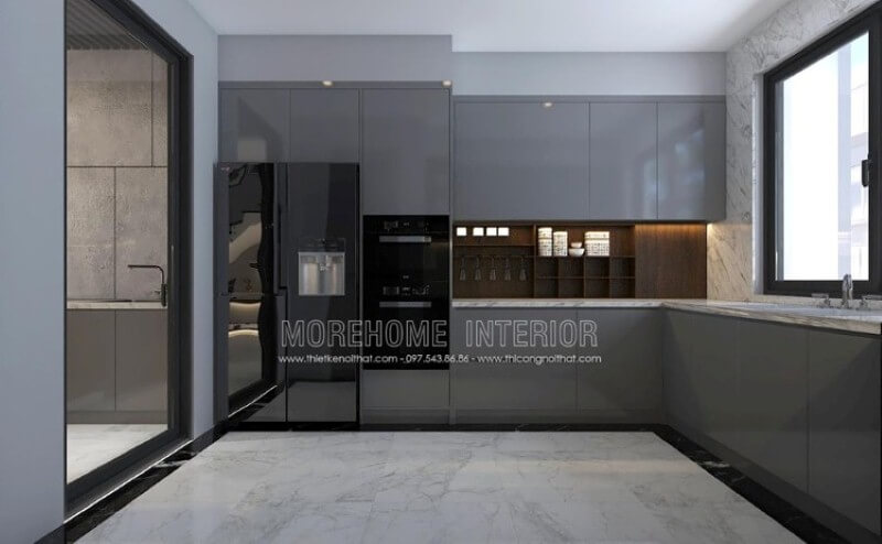 Mẫu tủ bếp gỗ công nghiệp acrylic màu xám đẹp mắt trong thiết kế nội thất phòng bếp hiện đại sẽ là lựa chọn khá phù hợp với các không gian như chung cư, biệt thự, nhà phố. Tủ bếp đẹp