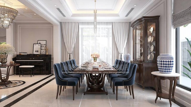 Bộ bàn ghế bọc nhung màu xanh 10 ghế đẹp sang trọng phòng ăn tân cổ điển. Thiết kế phòng ăn biệt thự
