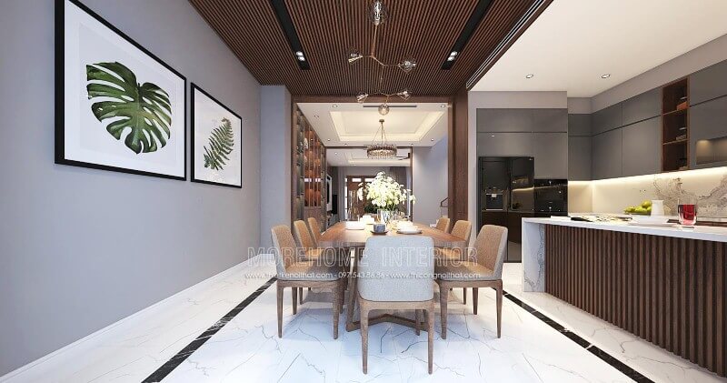 Trang trí nội thất phòng ăn liền bếp hiện đại đẹp sang trọng cho nhà phố, biệt thự tại Vinh, Nghệ An. Thiết kế phòng ăn biệt thự