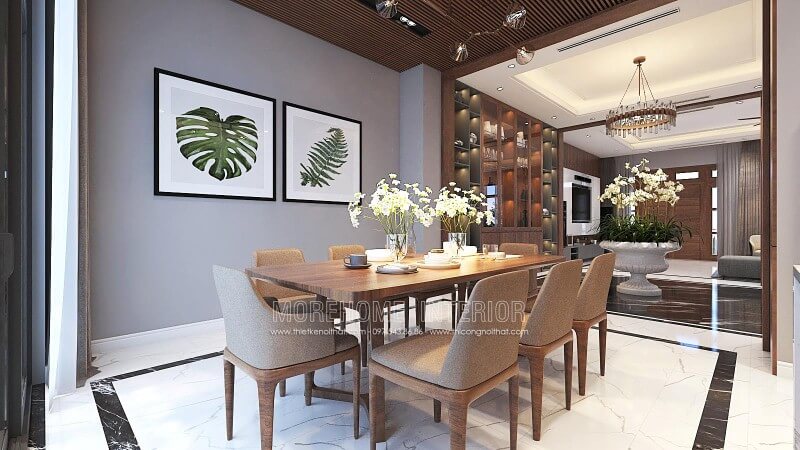 Bàn ăn gỗ óc chó nguyên khối cao cấp với đường vân đẹp mắt, sắc trầm độc đáo đang trở thành xu hướng thiết kế phòng ăn ấn tượng nhất hiện nay. Thiết kế phòng ăn biệt thự