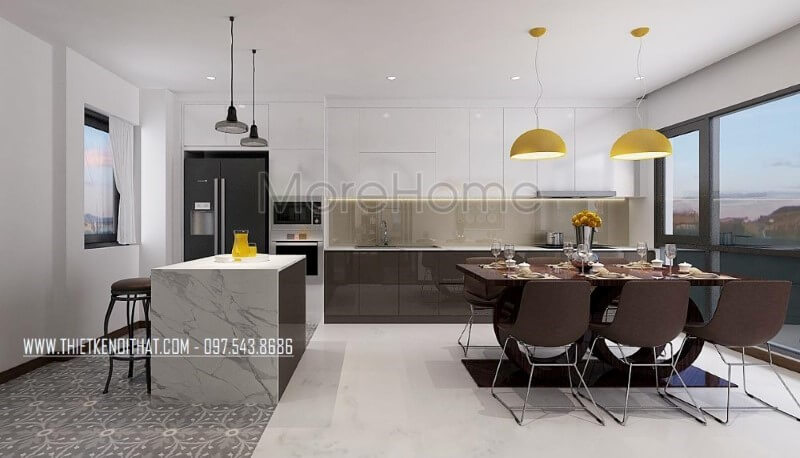 Trang trí phòng ăn lồng phòng bếp hiện đại tạo nên không gian vừa đẹp vừa tiện nghi vừa sang trọng. Thiết kế phòng ăn biệt thự