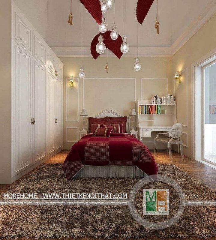 Mẫu giường ngủ gỗ tân cổ điển màu trắng cho phòng ngủ