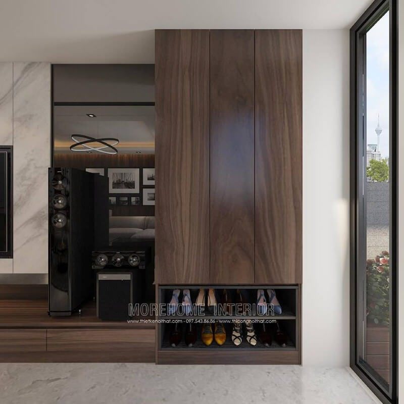 Kệ trang trí để giày, đồ ngay từ cửa chính là một trong những giải pháp khá thông minh đảm bảo khá nhiều công năng ngay từ khi bước vào ngôi nhà.