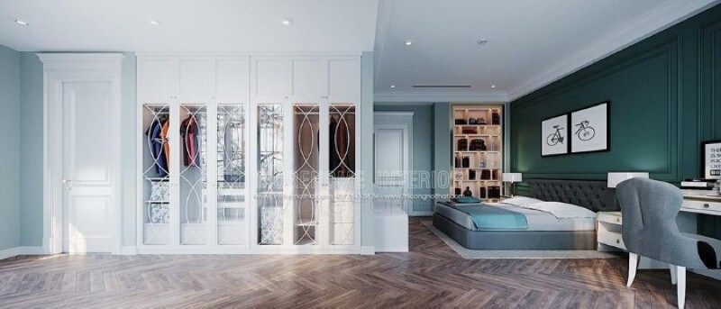 Tủ quần áo âm tường được bố trí âm tường tạo cảm giác thông thoáng ấn tượng cho phòng ngủ.