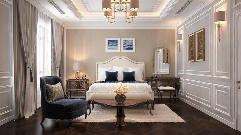 Thiết kế phòng ngủ master tân cổ điển sang trọng, quý phái ấn tượng với nội thất gỗ óc chó tự nhiên cao cấp.