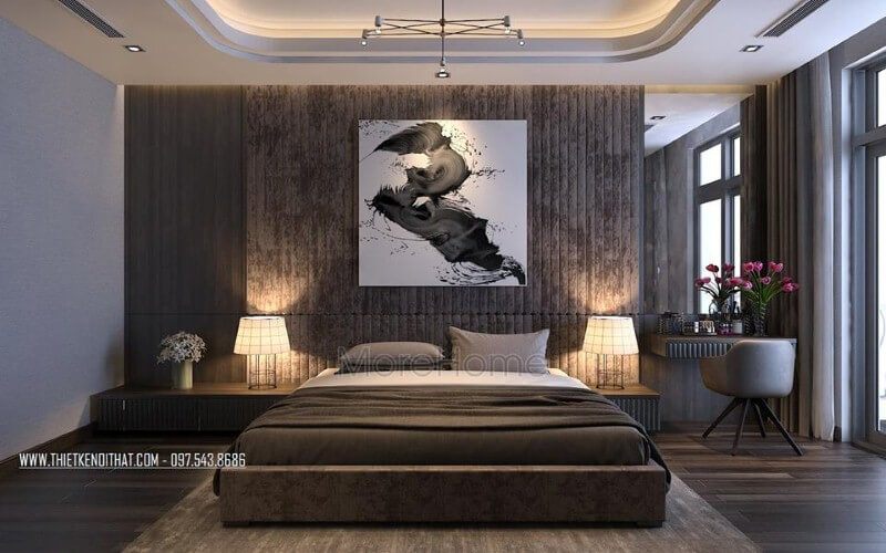 Tranh canvas nghệ thuật tạo điểm nhấn độc đáo cho phòng ngủ master hiện đại.