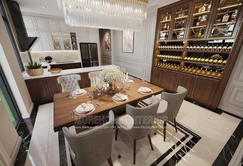 Bộ bàn ăn 6 người bọc nhung cao cấp, tạo vẻ đẹp sang trọng cho không gian phòng ăn.