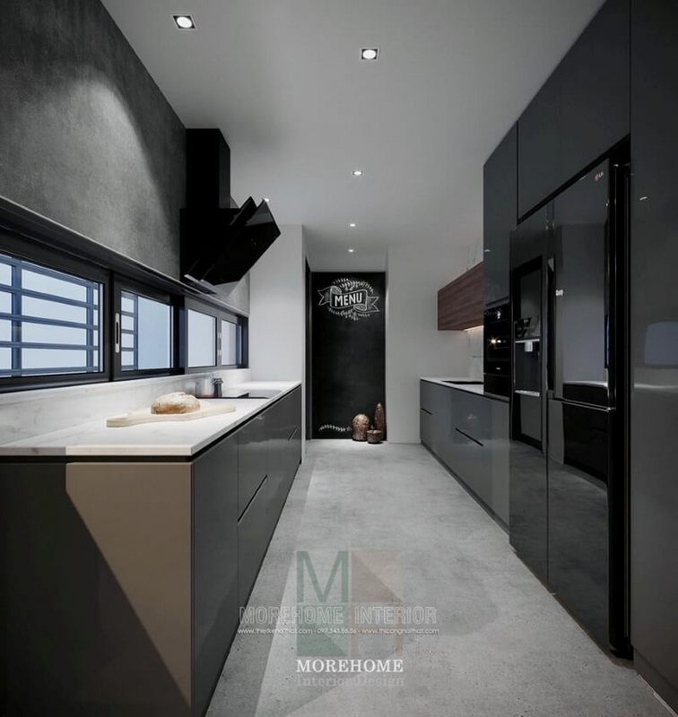 Nội thất phòng bếp chung cư hiện đại pha thêm chút nâu đỏ của hệ tủ bếp trên làm cho không gian bếp thêm ấm áp và hài hòa