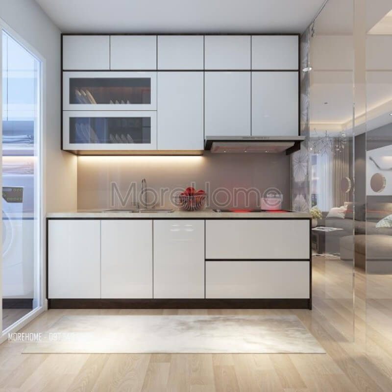 Thiết kế nội thất phòng bếp tách biệt hoàn toàn với không gian khác thông ra lan can nên có thể thông thoáng và bớt ám mùi đồ ăn trong không gian bếp