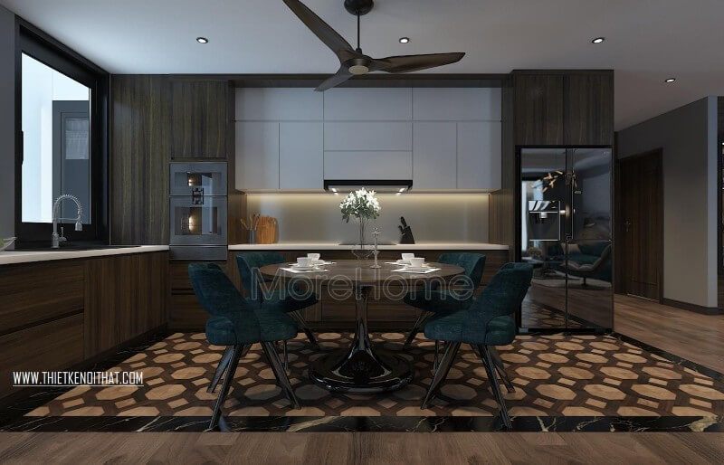 Thiết kế nội thất phòng bếp kết hợp với phòng ăn tiện nghi, hiện đại