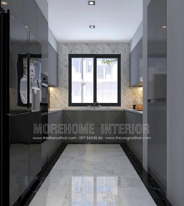 Với phòng bếp không được lớn, bạn nên thiết kế nội thất với tủ bếp hình chữ U hiện đại gỗ acrylic trong đây với một bên bố trí tủ lạnh, lò vi sóng, lò nướng một bên là bếp từ nấu và tủ bếp đựng bát đĩa, xoong nồi cần thiết và ở giữa là chậu rửa là một trong những gợi ý giúp không gian bếp được phát huy tối đa công năng.