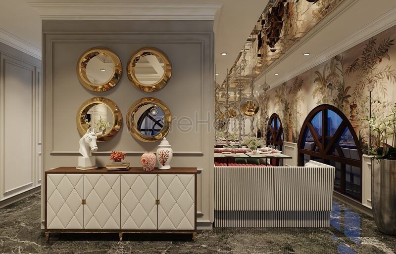 Mẫu thiết kế nhà hàng khách sạn sang trọng theo phong cách tân cổ điển kiểu Pháp kết hợp trang trí nội thất độc đáo cuốn hút khách hàng