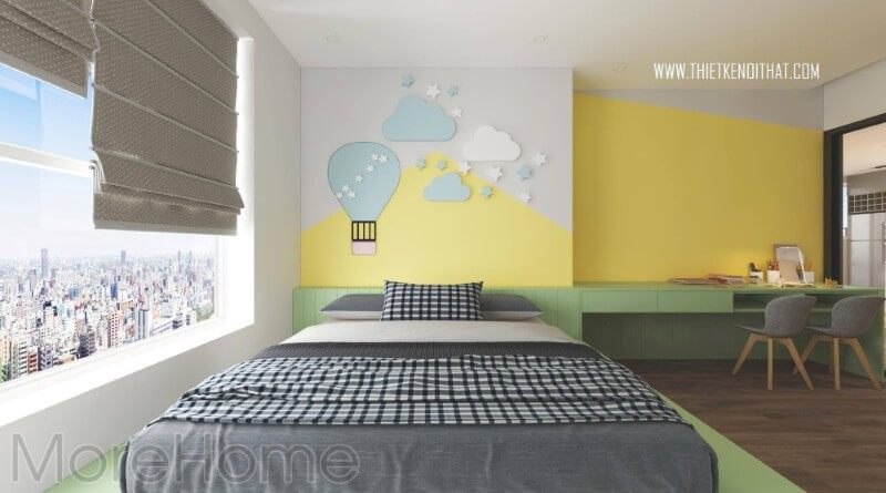 Phòng ngủ cho bé được thiết kế nội thất với 2 tông màu chủ đạo của giấy dán tường, gam màu rực rỡ khiến cho phòng ngủ của bé đáng yêu
