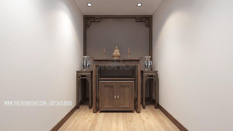 Phòng thờ trang nghiêm với tủ thờ hiện đại kết hợp với hai đôn thờ và vách phòng thờ đẹp tại căn hộ Penthouse