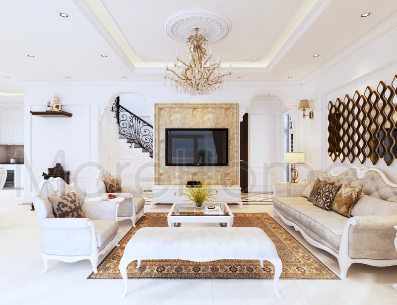 Chọn một gương ghép ô để trang trí và tận dụng hiệu quả diện tích phòng khách.