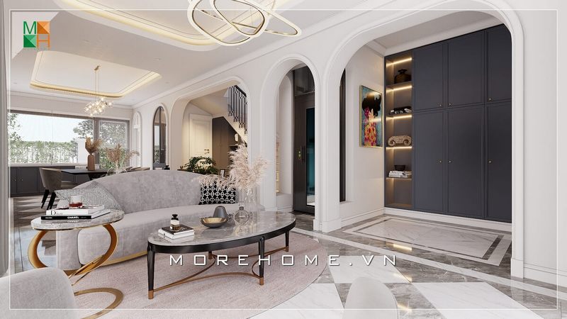 Mẫu phòng khách có nội thất thiết kế đặc biệt, khác biệt với những đường nét uốn lượn mềm mại, phù hợp với không gian kiến trúc tân cổ điển.