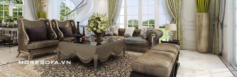Sofa tân cổ điển MS-016 gỗ tự nhiên bọc da cao cấp nhập khẩu cho phòng khách chung cư biệt thự tinh tế