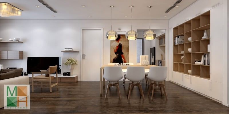Thiết kế phòng ăn cao cấp nối liền với phòng khách không có vách ngăn mang đến một không gian tiện nghi và gần gũi.