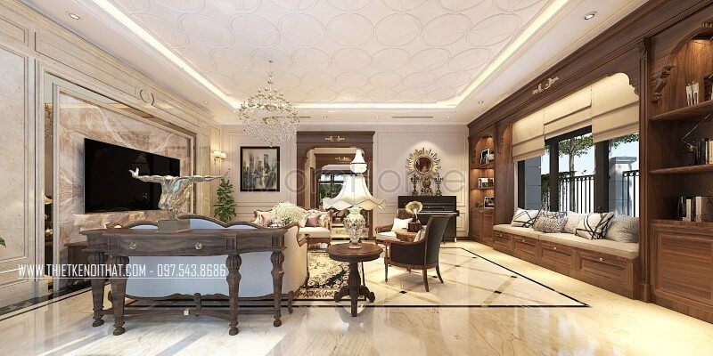 Sản phẩm kệ trang trí gỗ óc chó phong cách tân cổ điển đẹp tại phòng khách biệt thự Vinhomes Greenbay Hà Nội