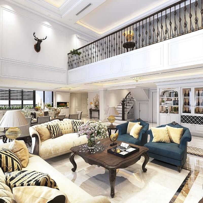 Hình ảnh bàn trà gỗ óc chó tân cổ điển tinh tế tại không gian phòng khách căn hộ duplex thanh xuân hà nội