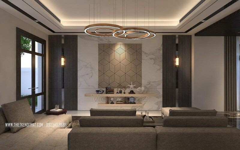 Bố trí phòng khách hiện đại ấn tượng với đá ốp tường cao cấp cùng họa tiết 3D độc đáo.