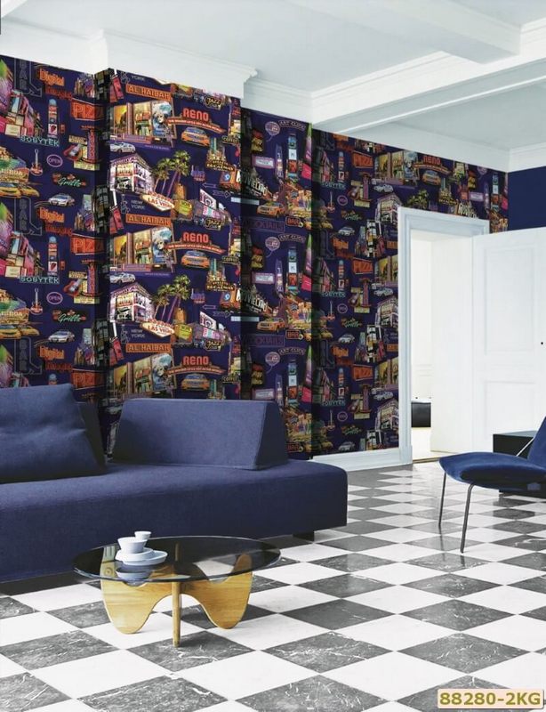 Với họa tiết 3D trên nền giấy màu tím than làm nổi bật bức tường màu trắng