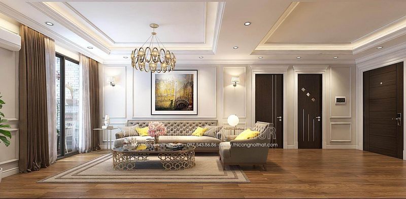 Cửa gỗ Laminate An Cường nối phòng khách và ngủ Master soi chỉ ngang đẹp mắt MH10