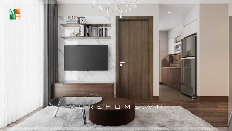 Thiết kế phòng khách không gian mở với nội thất gỗ công nghiệp cao cấp cho nhà phố, chung cư phong cách hiện đại