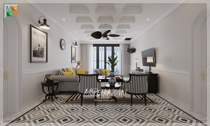 Mẫu thiết kế phòng khách với nội thất gỗ tự nhiên bọc nỉ sọc ltông đen - trắng ấn tượng cho phòng khách chung cư, nhà phố, biệt thự phong cách Indochine