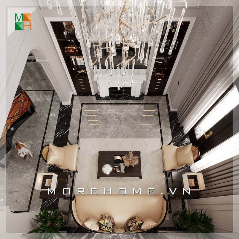 Mẫu bàn ghế phòng khách tân cổ điển, sử dụng chất liệu bàn gỗ tự nhiên óc chó, ghế sofa bọc da cao cấp chân ghế gỗ óc chó sang trọng.