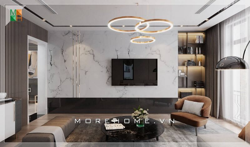 Bàn trà phòng khách có mặt kính tròn đặc biệt độc đáo.