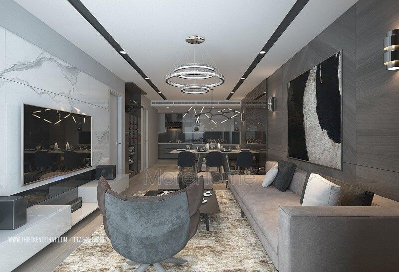 Phần vách tivi được thiết kế ốp đá nhân tạo tấm lớn vân mây ấn tượng và đắt tiền.