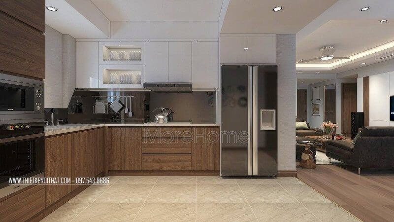 Thiết kế tủ bếp hiện đại chữ L, có đầy đủ thiết bị rất hữu dụng trong khu bếp mang đến không gian bếp tiện dụng