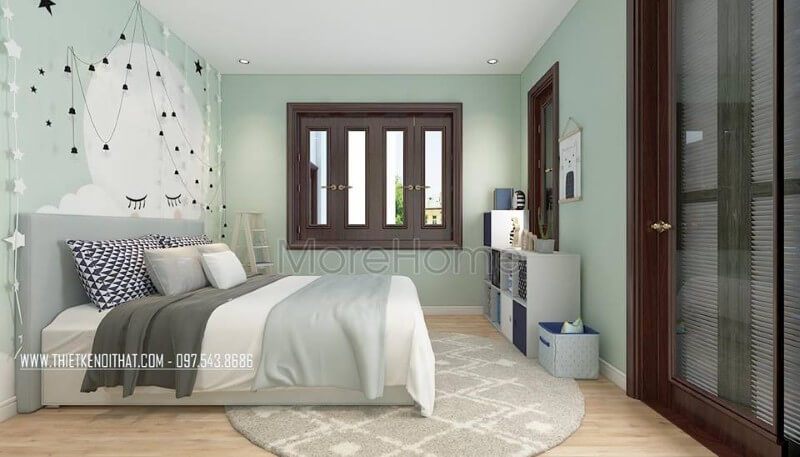Thiết kế phòng ngủ bé trai hiện đại với gam màu xanh nhạt đóng vai trò chủ đạo