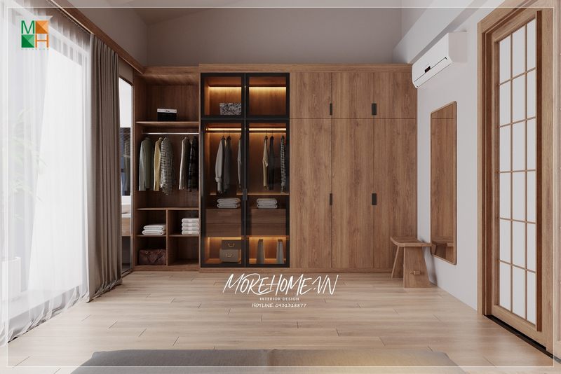 Phòng ngủ trang trí với phong cách nhật cách bố trí bày trí gọn gàng thẩm mỹ mang sự tiện nghi thoải mái cho sử dụng của gia chủ.