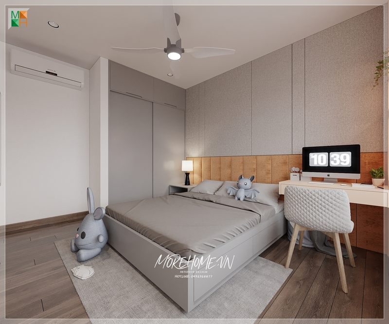 Tủ quần áo hiện đại màu xám kết hợp với chiếc giường cùng tone màu sẽ góp phần tạo nên sự sang trọng và tiện nghi cho không gian sống của căn phòng.